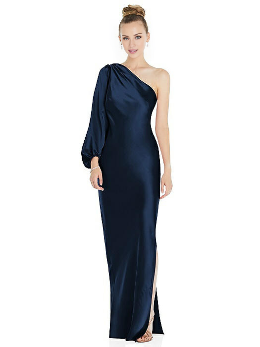 Jimiss asymmetrical neckline off shoulder long sleeved backless side slit and floor length Prom dress